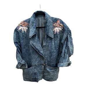 Vintage Y2K Embroidered Denim Jacket with Cinched Sleeves